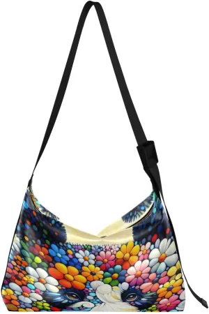 Colorful Flower Panda Hobo Crossbody Bags for Women Leather Large Shoulder Bag Cross Body Floral Artistic Trendy Womens Tote Bags Handbag for Travel Shopping