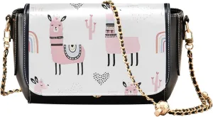 Colorful Leather Shoulder Bags, Llama Princess Hearts Cactus Women Crossbody Purse Trendy Satchel with Chain Strap