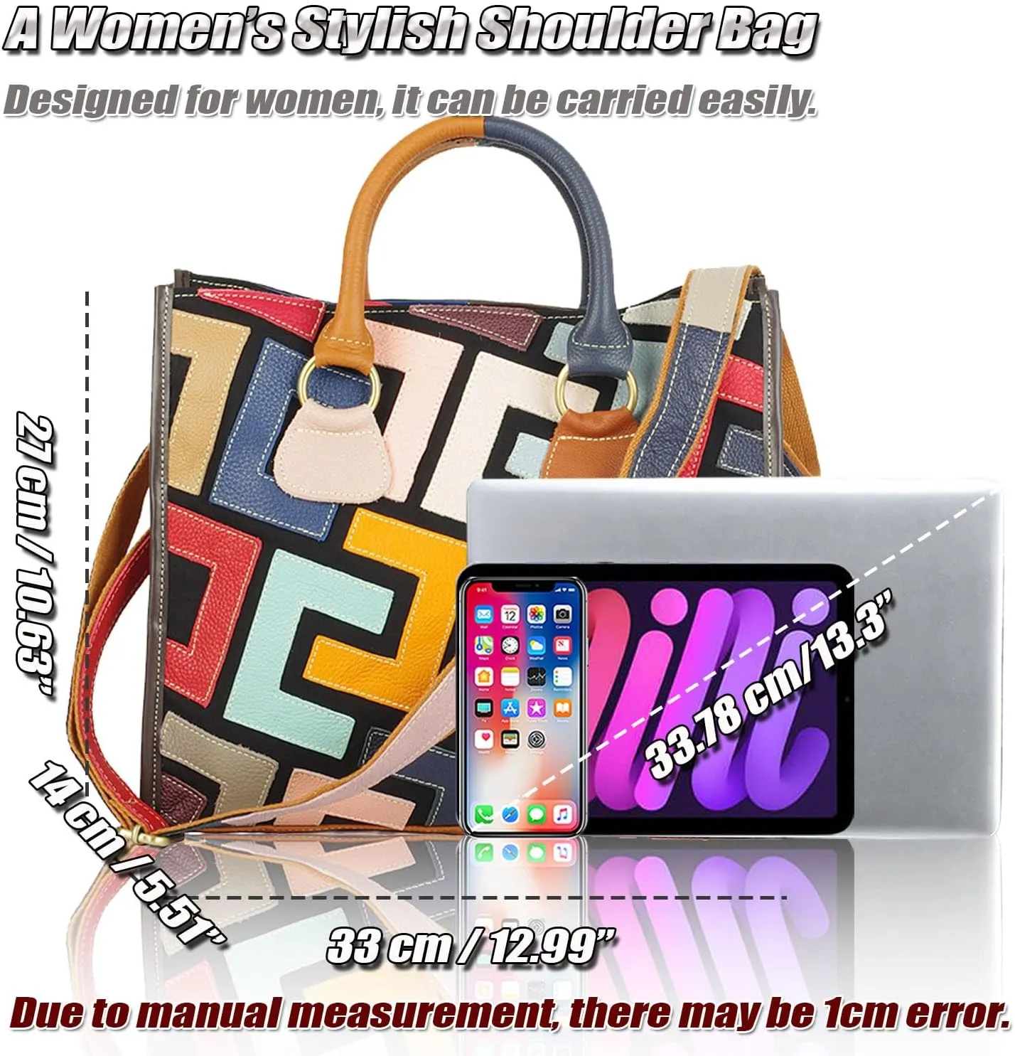 Colorful Patchwork Shoulder Bag for Women, Cow Leather Crossbody Bag, Designer Fashion Handbags, Spacious Hobo Bag