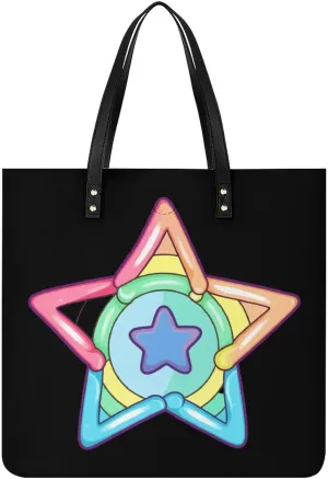 Colorful Rainbow Stars Print Tote Bags PU Leather Top Handle Satchel Handbags Shoulder Bags Travel Purse for Women Men