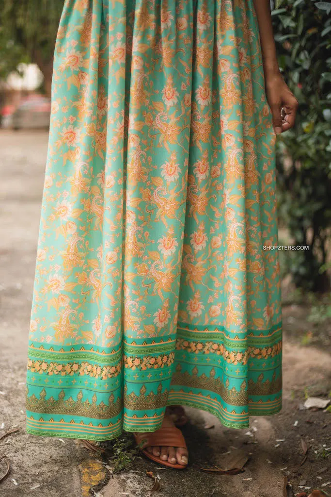 Coral Blue Semi Linen Floral Maxi Dress