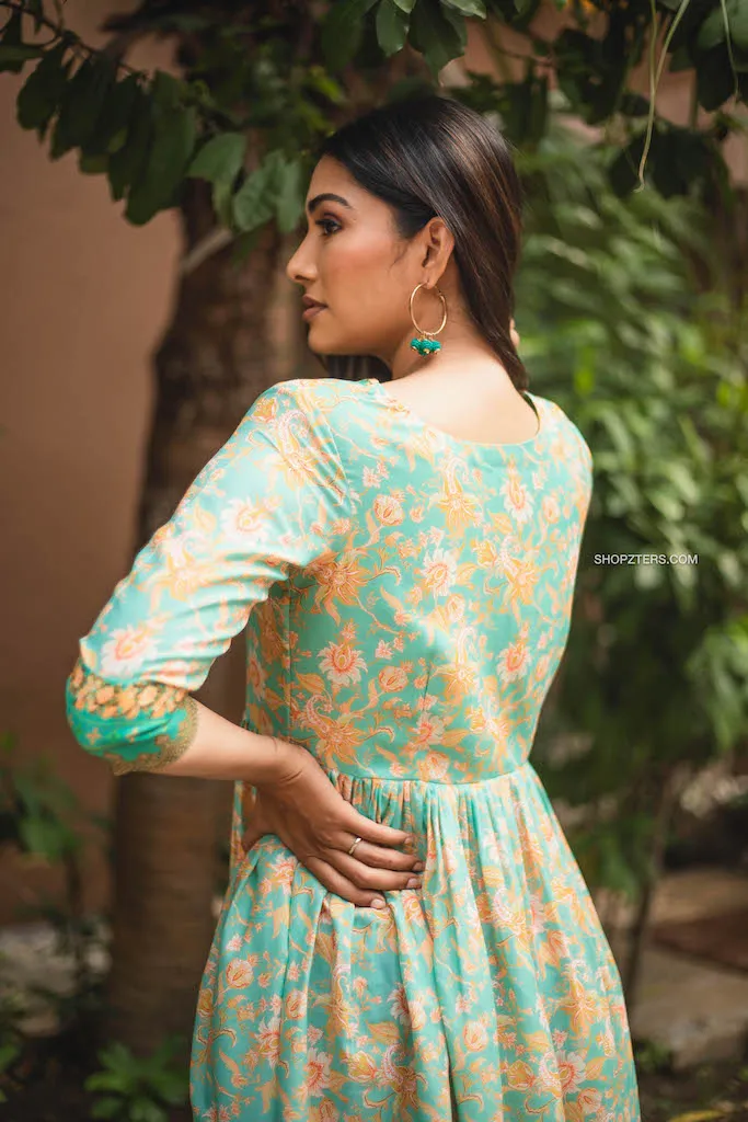 Coral Blue Semi Linen Floral Maxi Dress