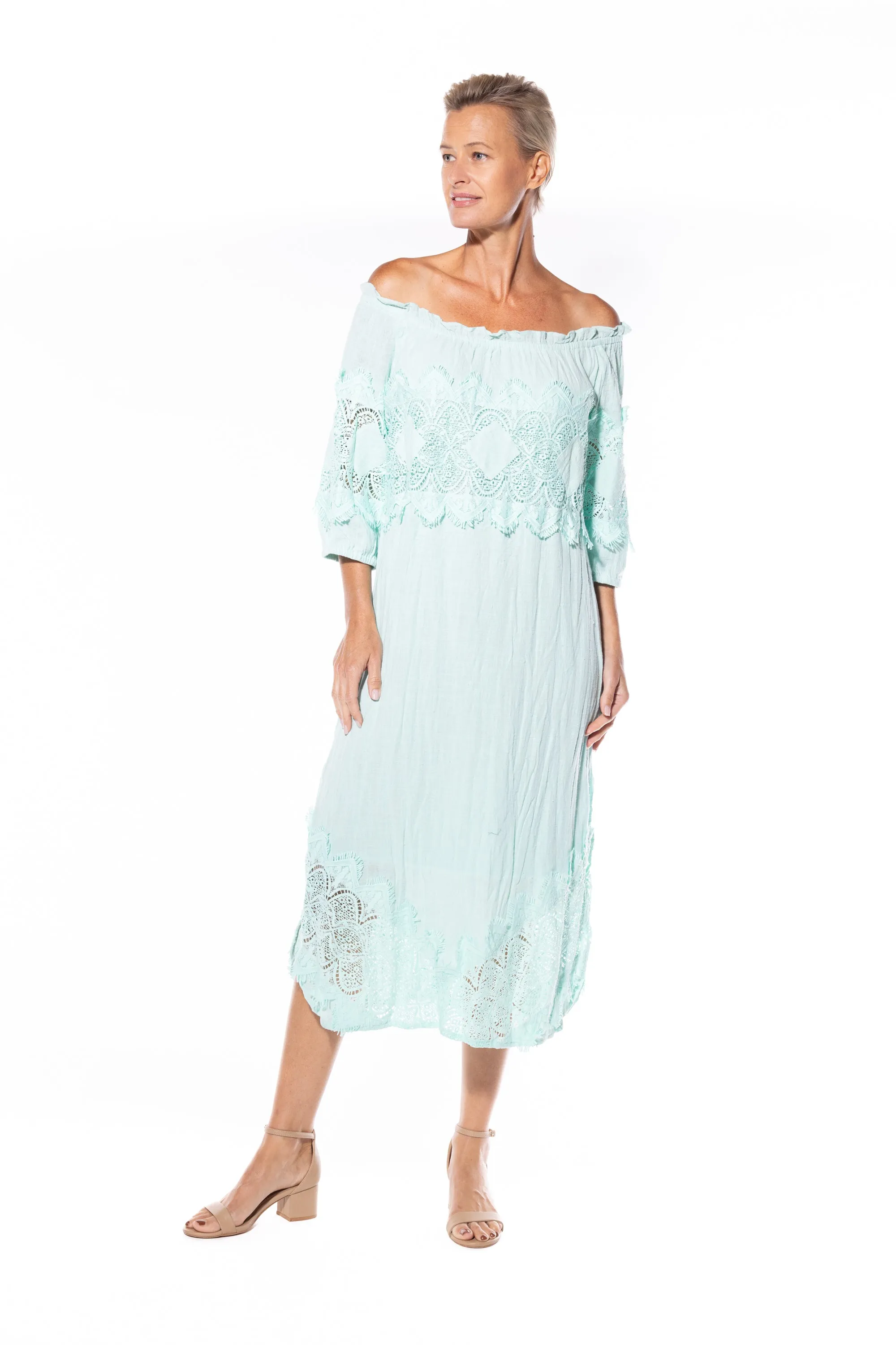 Cotton Peasant Dress by Café Latte - Mint