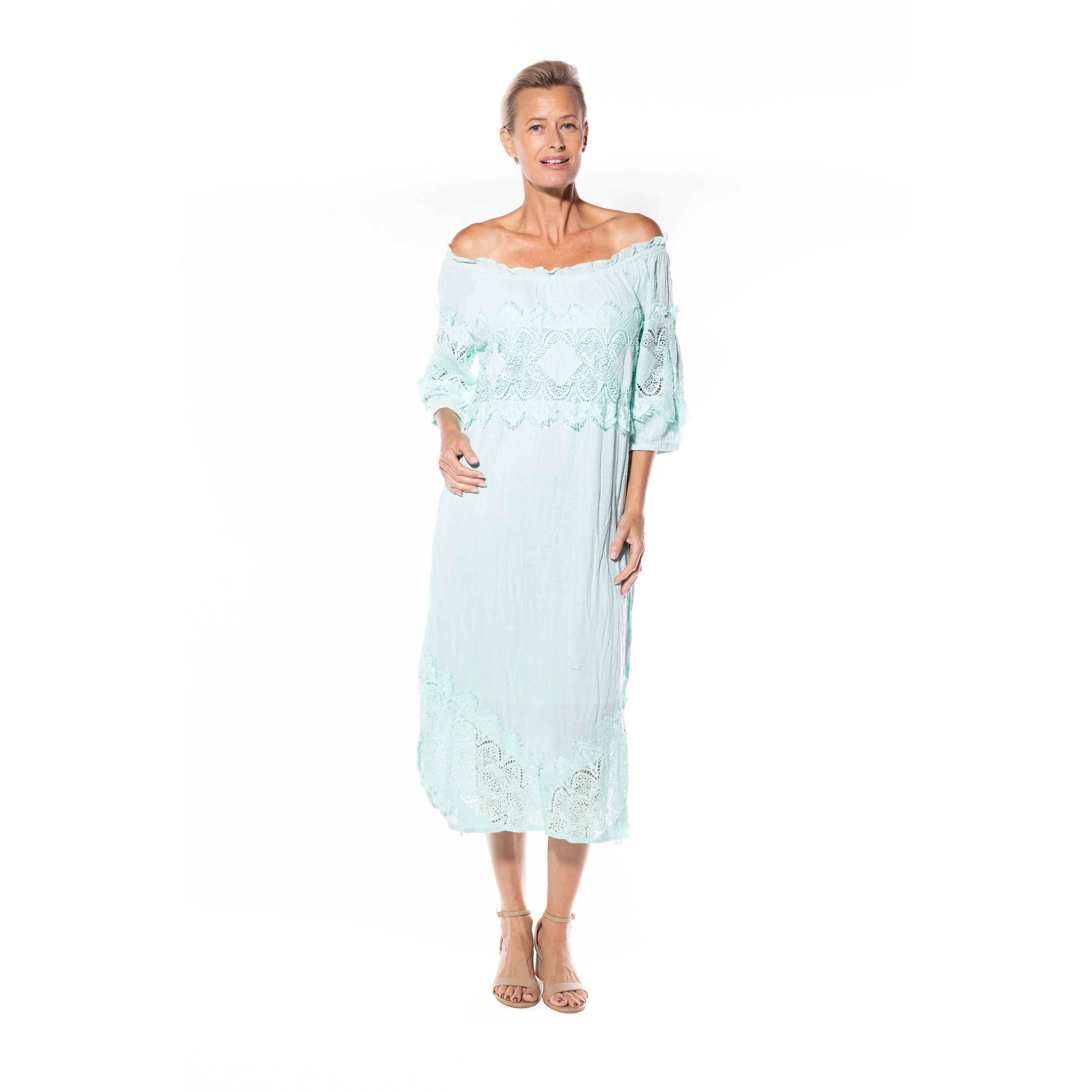 Cotton Peasant Dress by Café Latte - Mint
