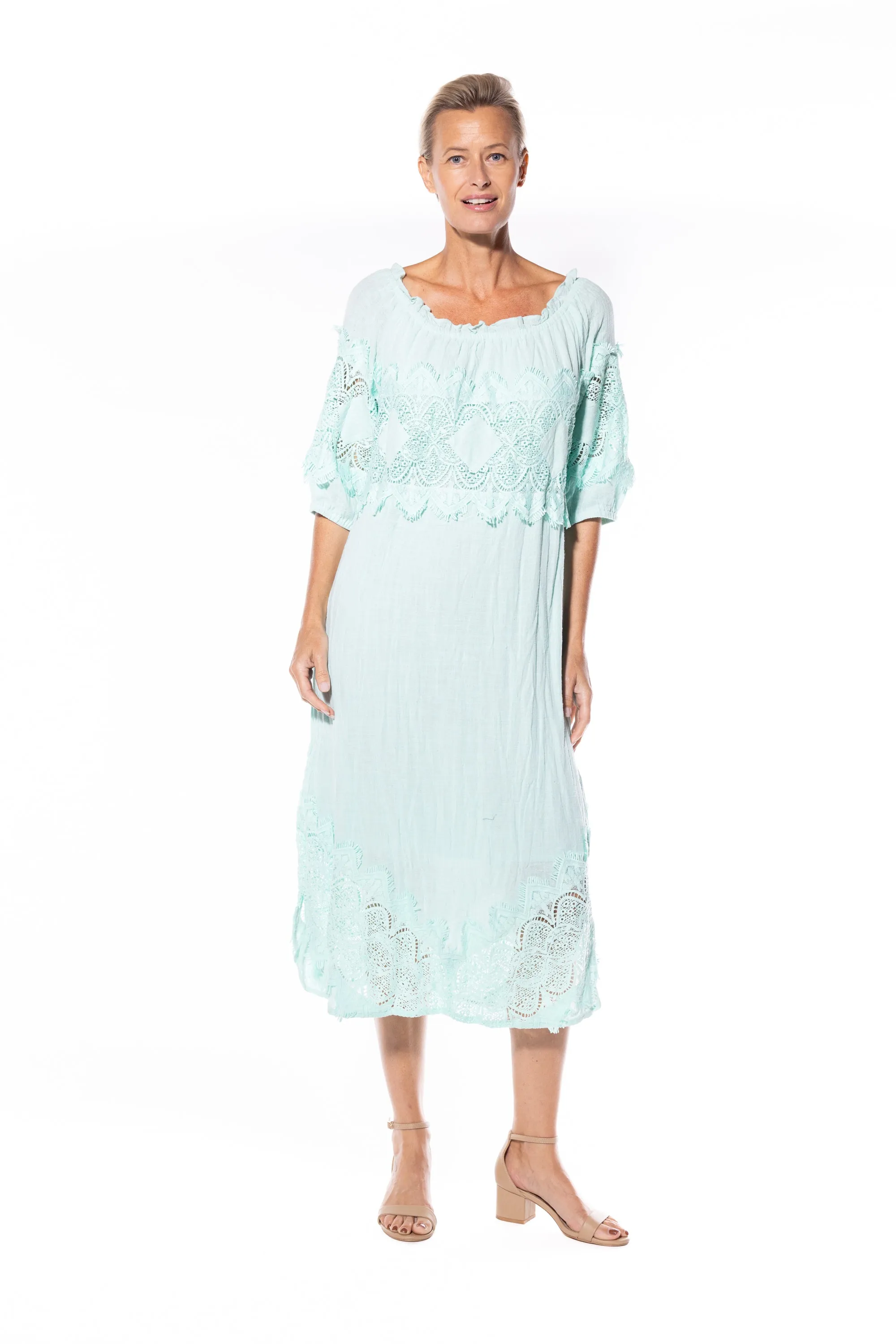 Cotton Peasant Dress by Café Latte - Mint