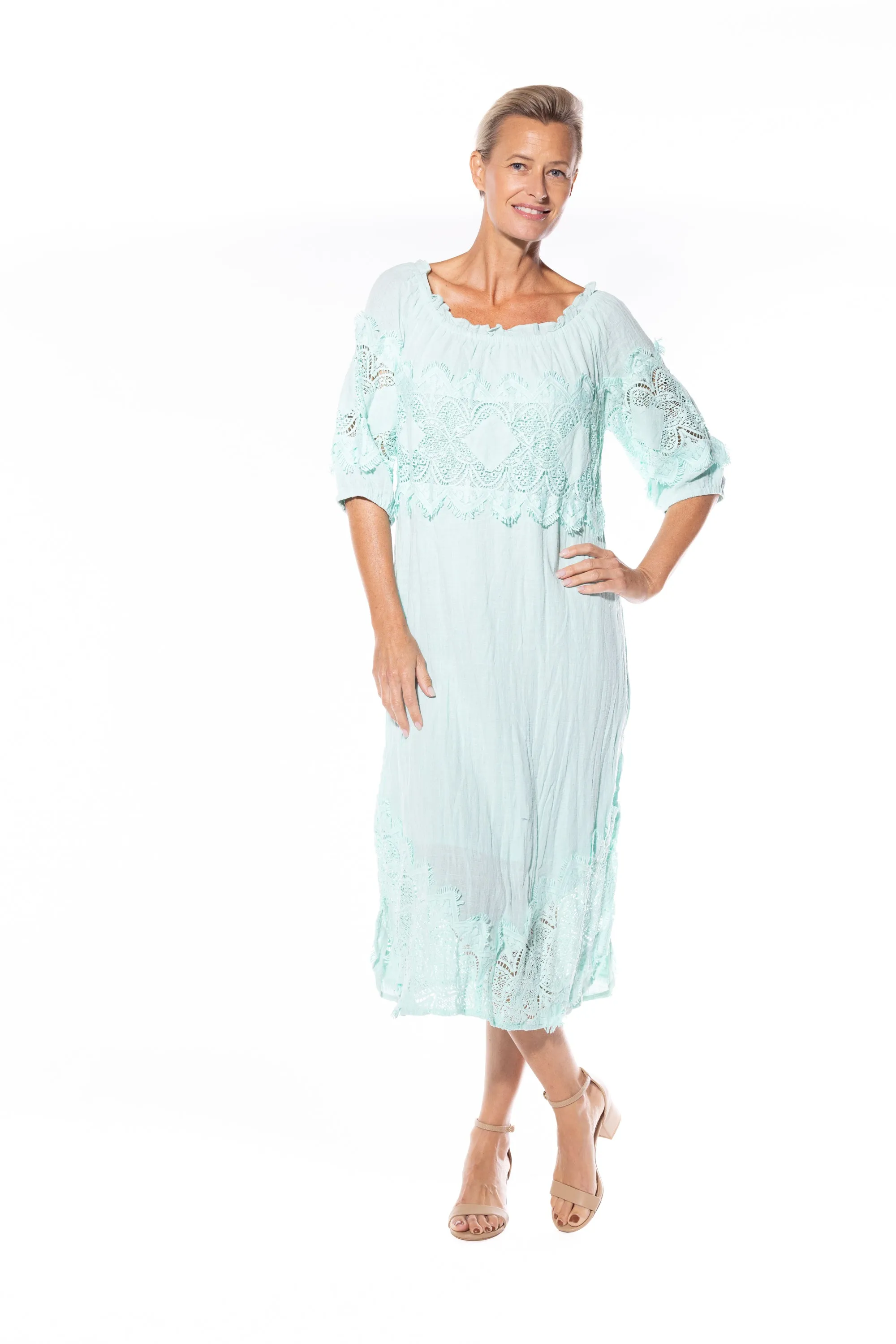 Cotton Peasant Dress by Café Latte - Mint