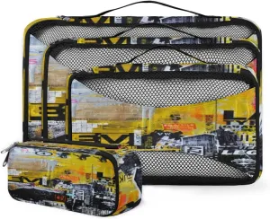 Creative Artistic Graffiti Black Yellow 4 Piece Packing Travel Organizer Cubes Set Mesh Fabric Ventilate Design Lightweight Travel Accessories 4 Sizes (Extra Large, Large, Medium, Small)