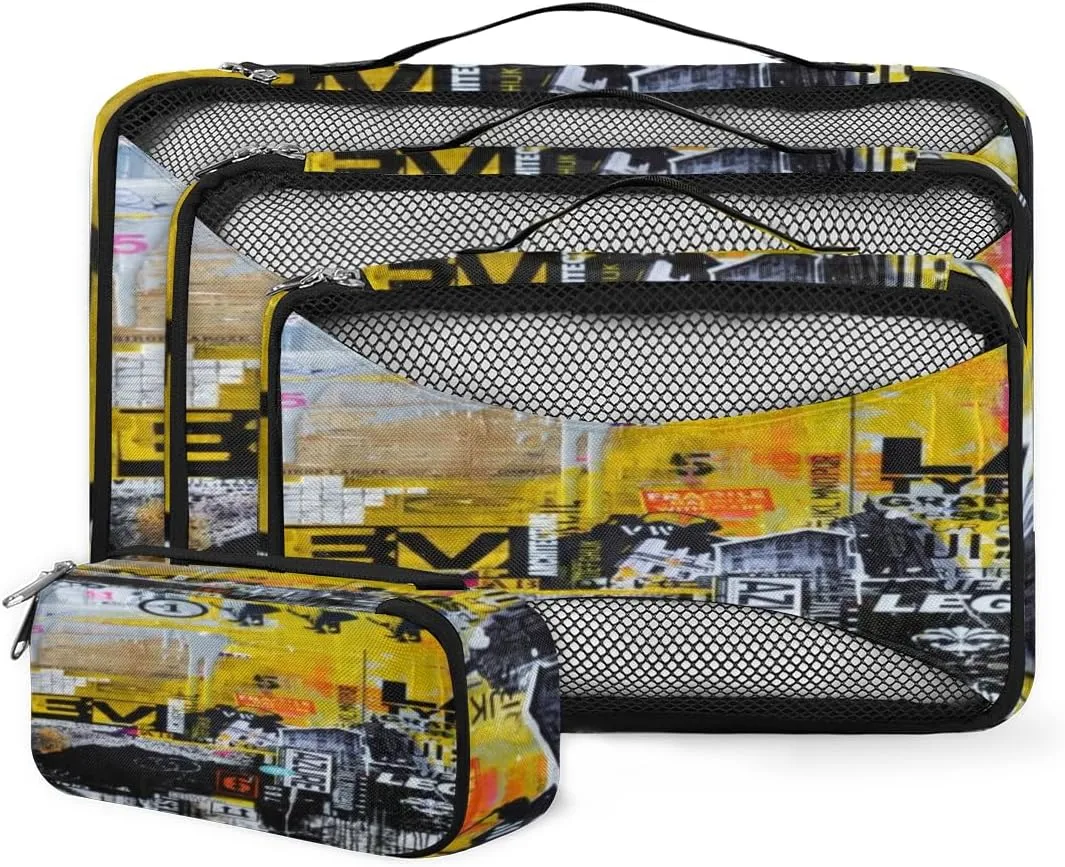 Creative Artistic Graffiti Black Yellow 4 Piece Packing Travel Organizer Cubes Set Mesh Fabric Ventilate Design Lightweight Travel Accessories 4 Sizes (Extra Large, Large, Medium, Small)