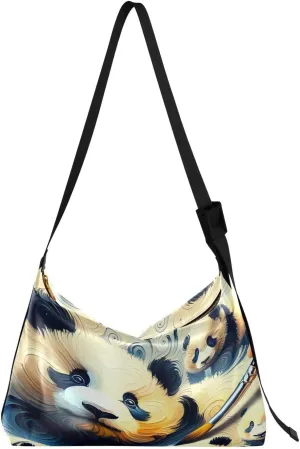 Creative Pandas Cute Hobo Crossbody Bags for Women Leather Large Shoulder Bag Cross Body Oil Painting Artistic Trendy Womens Tote Bags Handbag for Travel Shopping