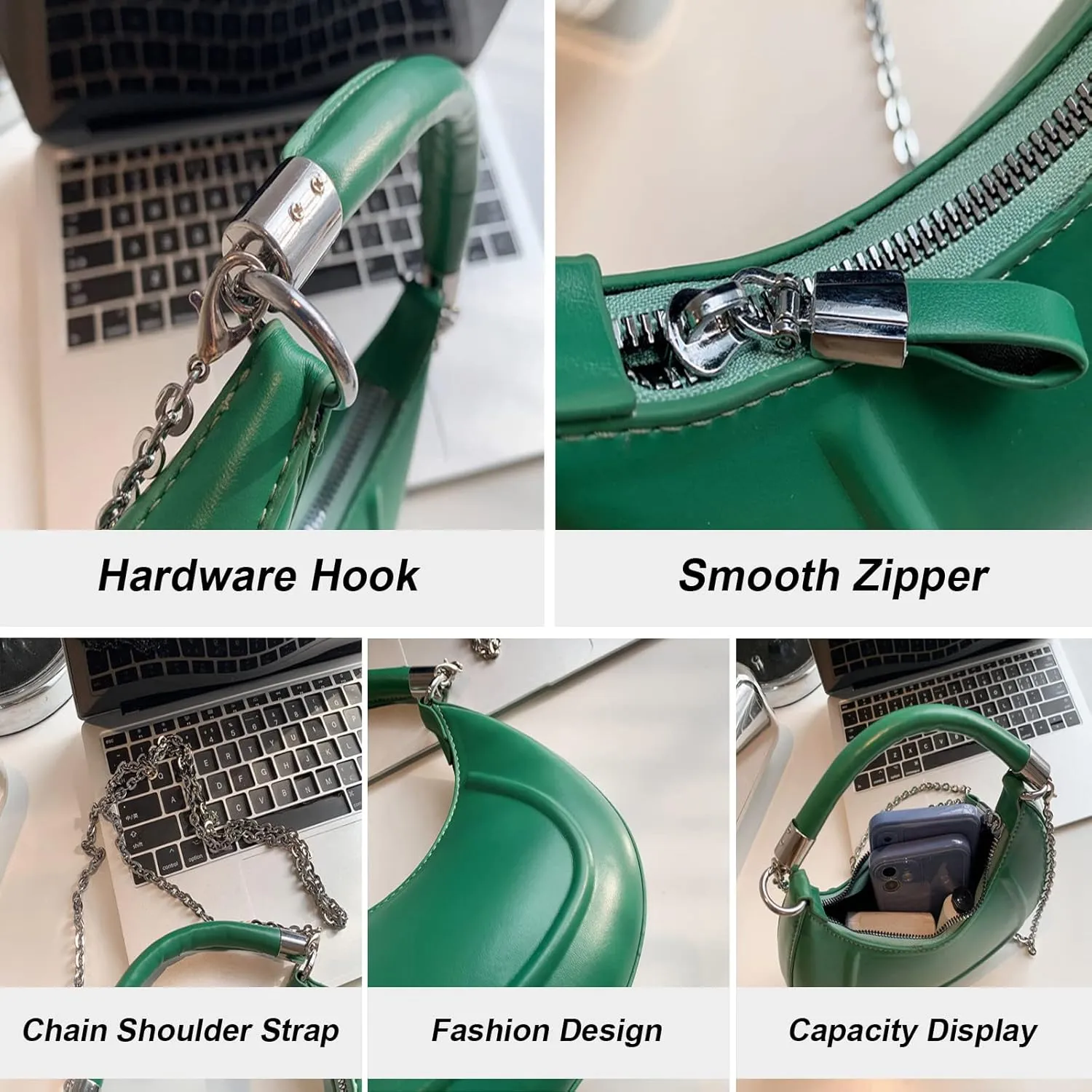 Crescent-shaped Handbags for Women with Chain, PU Tote Bag, Women's Crossbody Handbags, Clutch Purses with Zipper Closure