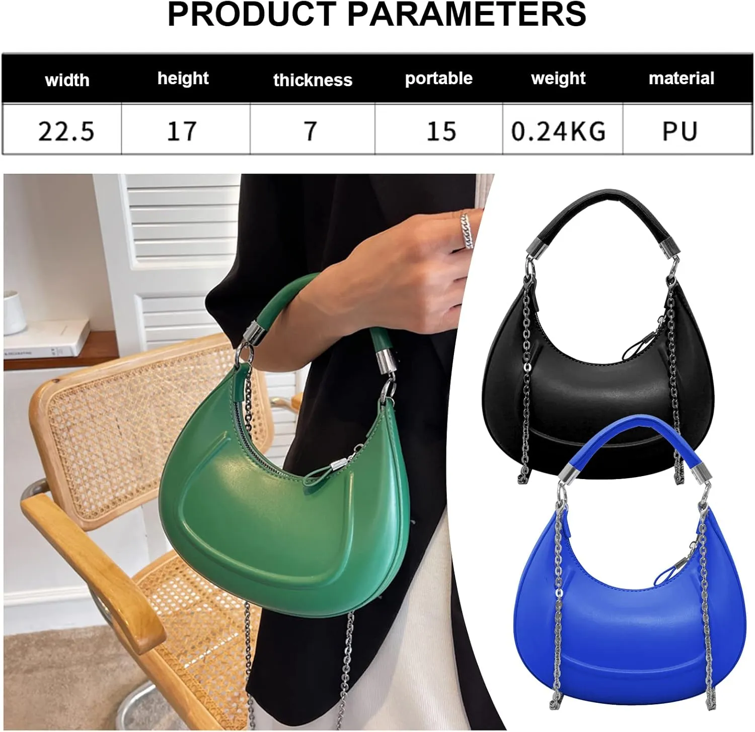 Crescent-shaped Handbags for Women with Chain, PU Tote Bag, Women's Crossbody Handbags, Clutch Purses with Zipper Closure