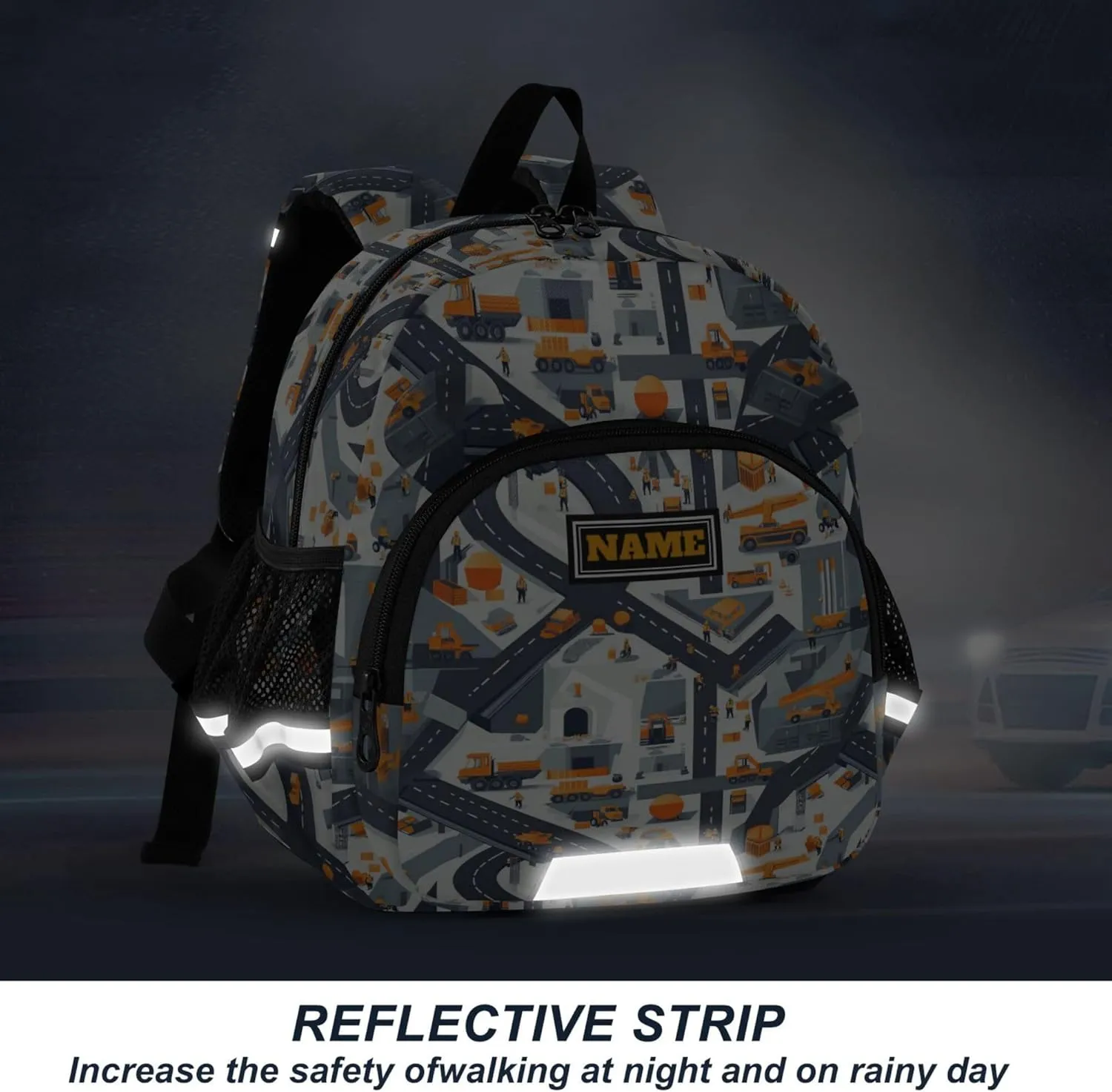 Custom Cute Ears Preschool Backpacks Leash Kids Boy's/Girl's Anti-Lost Personalized Bookbag Decorations with Reflective Strip S Construction Scene Building Bridges Dump Truck Car