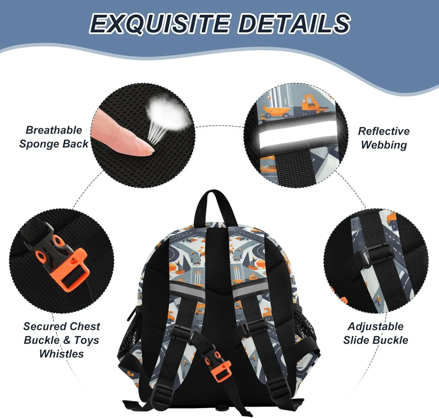 Custom Cute Ears Preschool Backpacks Leash Kids Boy's/Girl's Anti-Lost Personalized Bookbag Decorations with Reflective Strip S Construction Scene Building Bridges Dump Truck Car