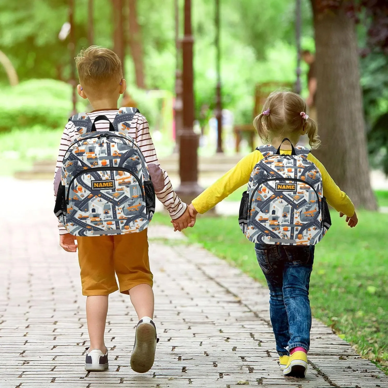 Custom Cute Ears Preschool Backpacks Leash Kids Boy's/Girl's Anti-Lost Personalized Bookbag Decorations with Reflective Strip S Construction Scene Building Bridges Dump Truck Car