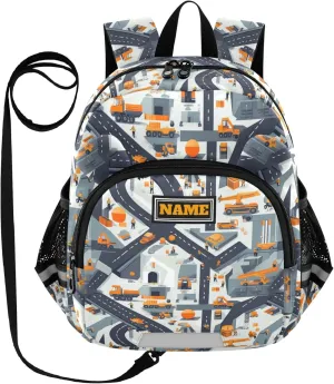 Custom Cute Ears Preschool Backpacks Leash Kids Boy's/Girl's Anti-Lost Personalized Bookbag Decorations with Reflective Strip S Construction Scene Building Bridges Dump Truck Car