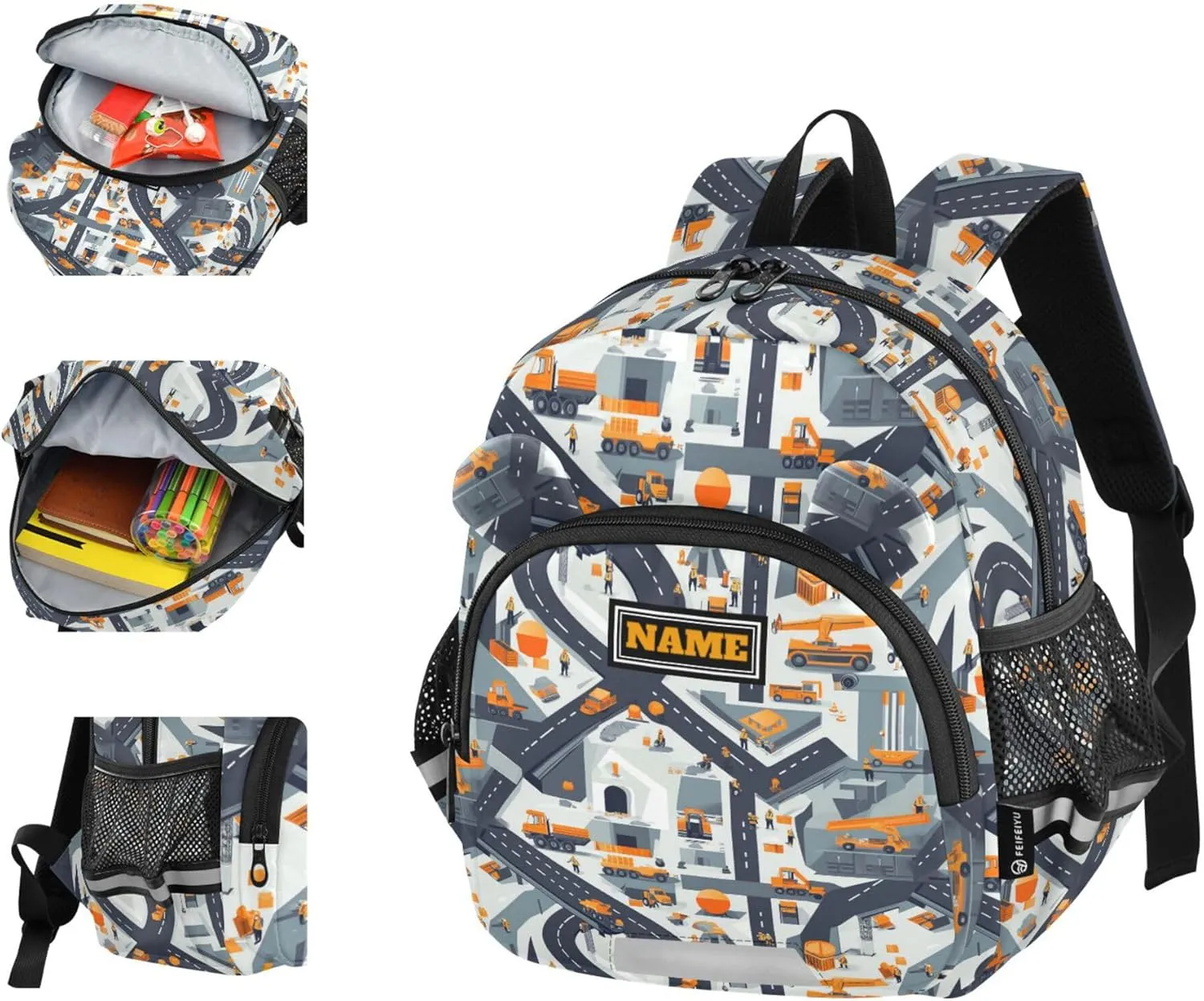 Custom Cute Ears Preschool Backpacks Leash Kids Boy's/Girl's Anti-Lost Personalized Bookbag Decorations with Reflective Strip S Construction Scene Building Bridges Dump Truck Car