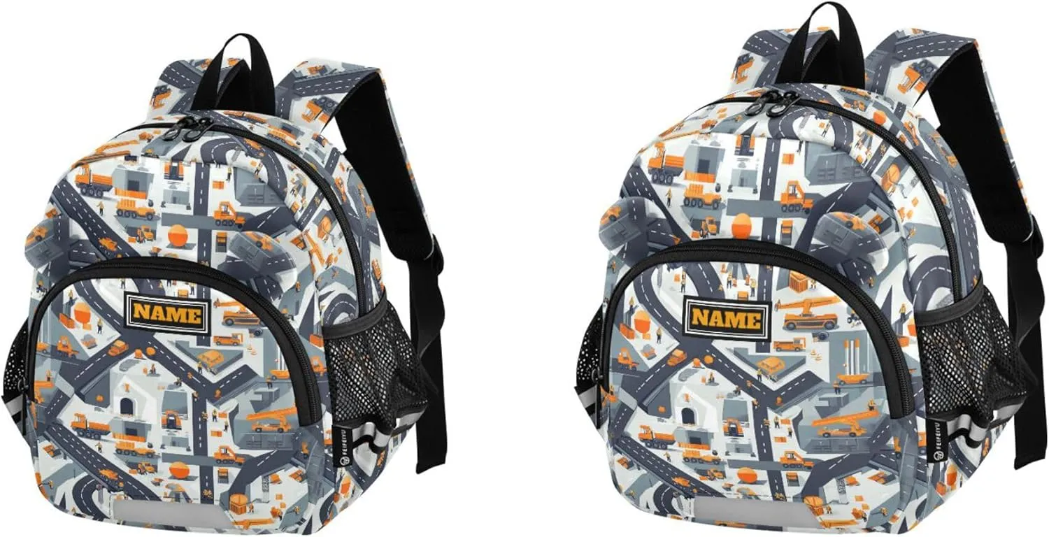 Custom Cute Ears Preschool Backpacks Leash Kids Boy's/Girl's Anti-Lost Personalized Bookbag Decorations with Reflective Strip S Construction Scene Building Bridges Dump Truck Car