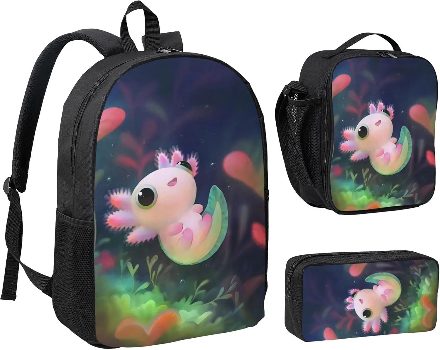 Cute Axolotls Fish 3Pcs Backpack Unisex Adjustable Backpacks,Travel Laptop Backpack