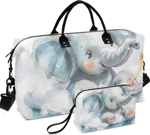 Cute Elephant Print Travel Duffle Bags Toiletry Pouches Set of 2, Decorative Gym Tote Carry on Bags for Airplanes