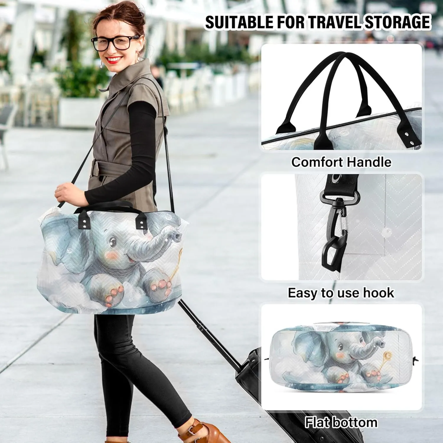 Cute Elephant Print Travel Duffle Bags Toiletry Pouches Set of 2, Decorative Gym Tote Carry on Bags for Airplanes