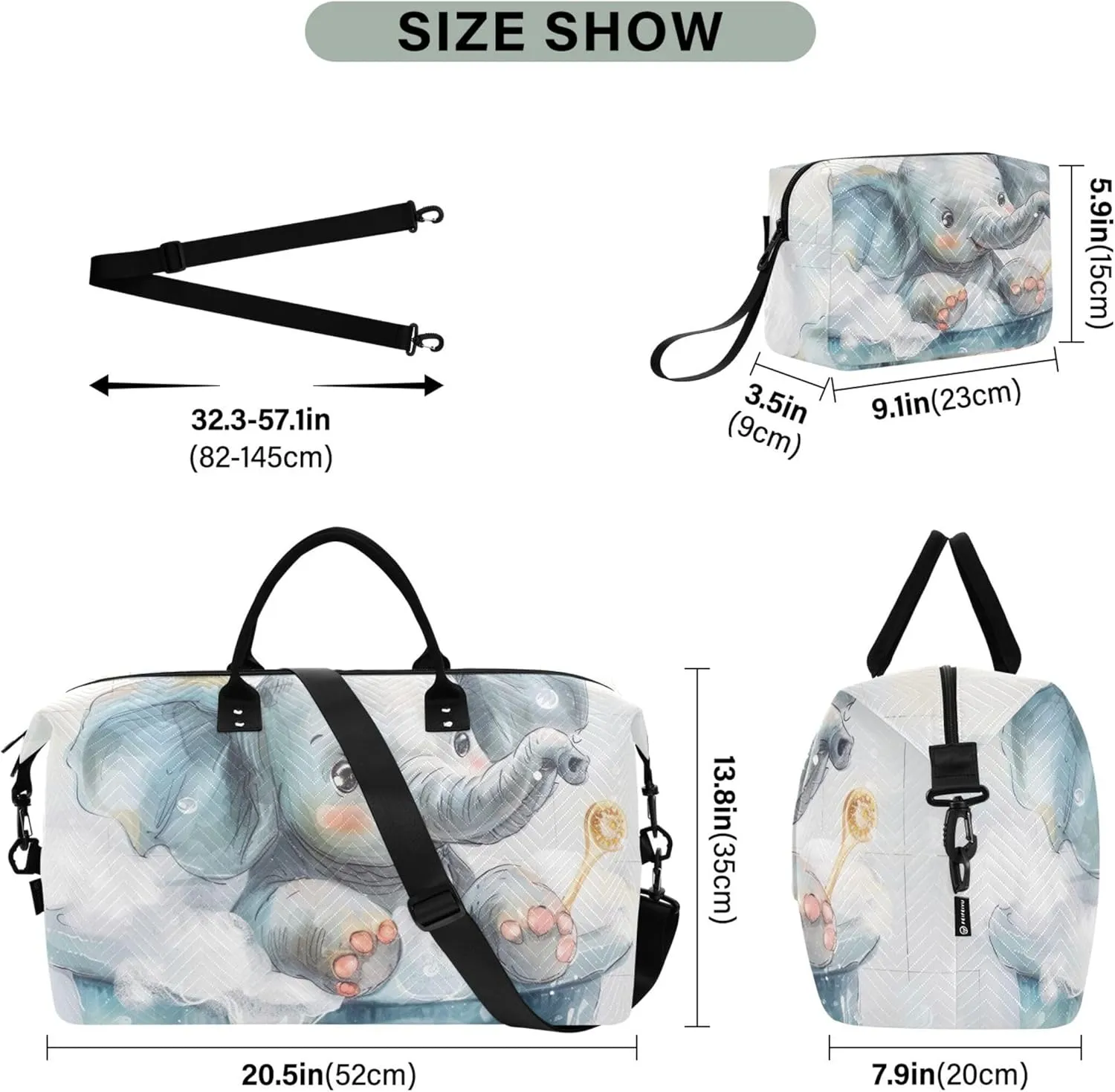 Cute Elephant Print Travel Duffle Bags Toiletry Pouches Set of 2, Decorative Gym Tote Carry on Bags for Airplanes