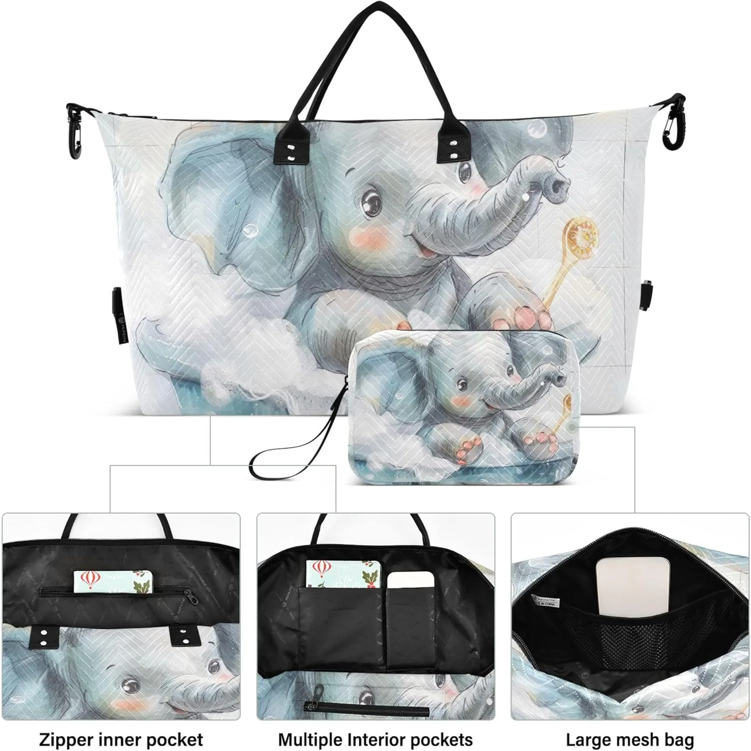 Cute Elephant Print Travel Duffle Bags Toiletry Pouches Set of 2, Decorative Gym Tote Carry on Bags for Airplanes
