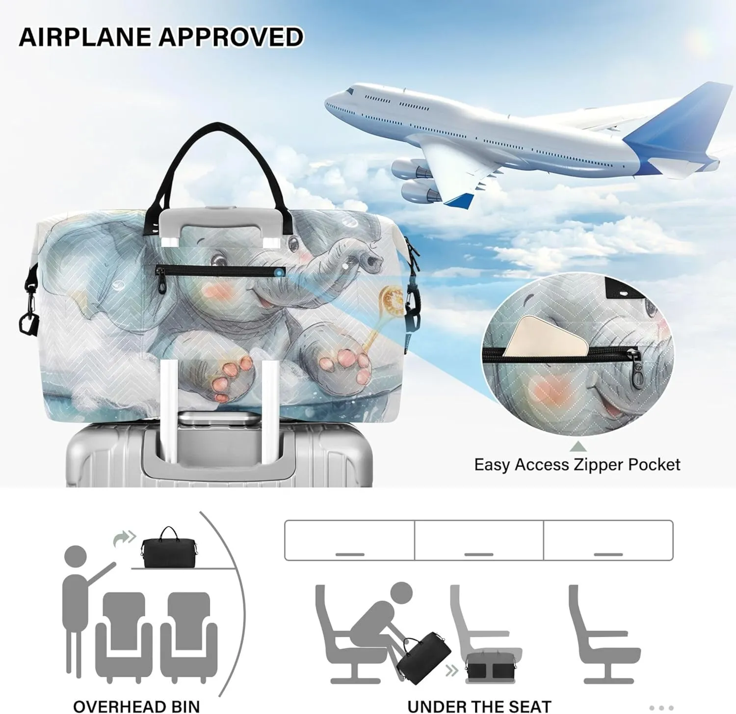 Cute Elephant Print Travel Duffle Bags Toiletry Pouches Set of 2, Decorative Gym Tote Carry on Bags for Airplanes