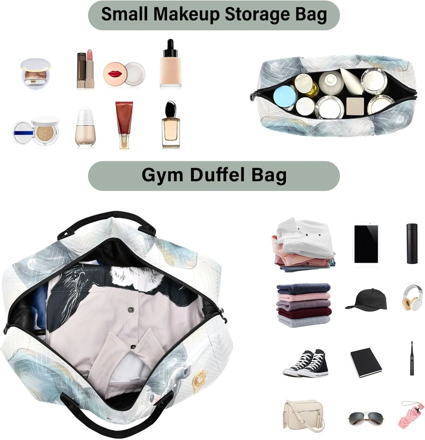 Cute Elephant Print Travel Duffle Bags Toiletry Pouches Set of 2, Decorative Gym Tote Carry on Bags for Airplanes