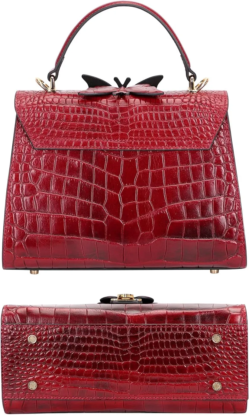 Designer Handbags for Women Crocodile Leather Crossbody Satchel Bag with Butterfly(66297 Red)