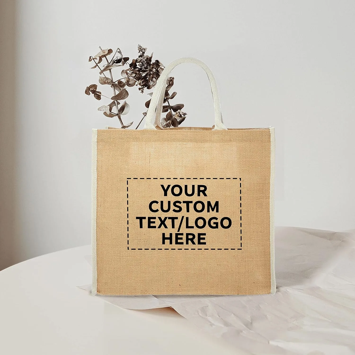 DISCOUNT PROMOS Custom Fresno Eco Friendly Jute Tote Bags Set of 50, Personalized Bulk Pack - Reusable, Great for Tradeshows, Grocery, Shopping and Outdoor Events - Light Beige