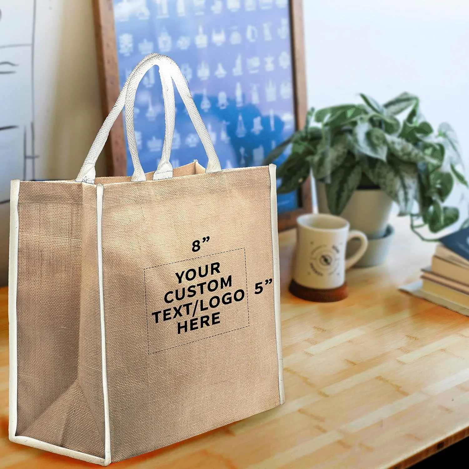 DISCOUNT PROMOS Custom Fresno Eco Friendly Jute Tote Bags Set of 50, Personalized Bulk Pack - Reusable, Great for Tradeshows, Grocery, Shopping and Outdoor Events - Light Beige