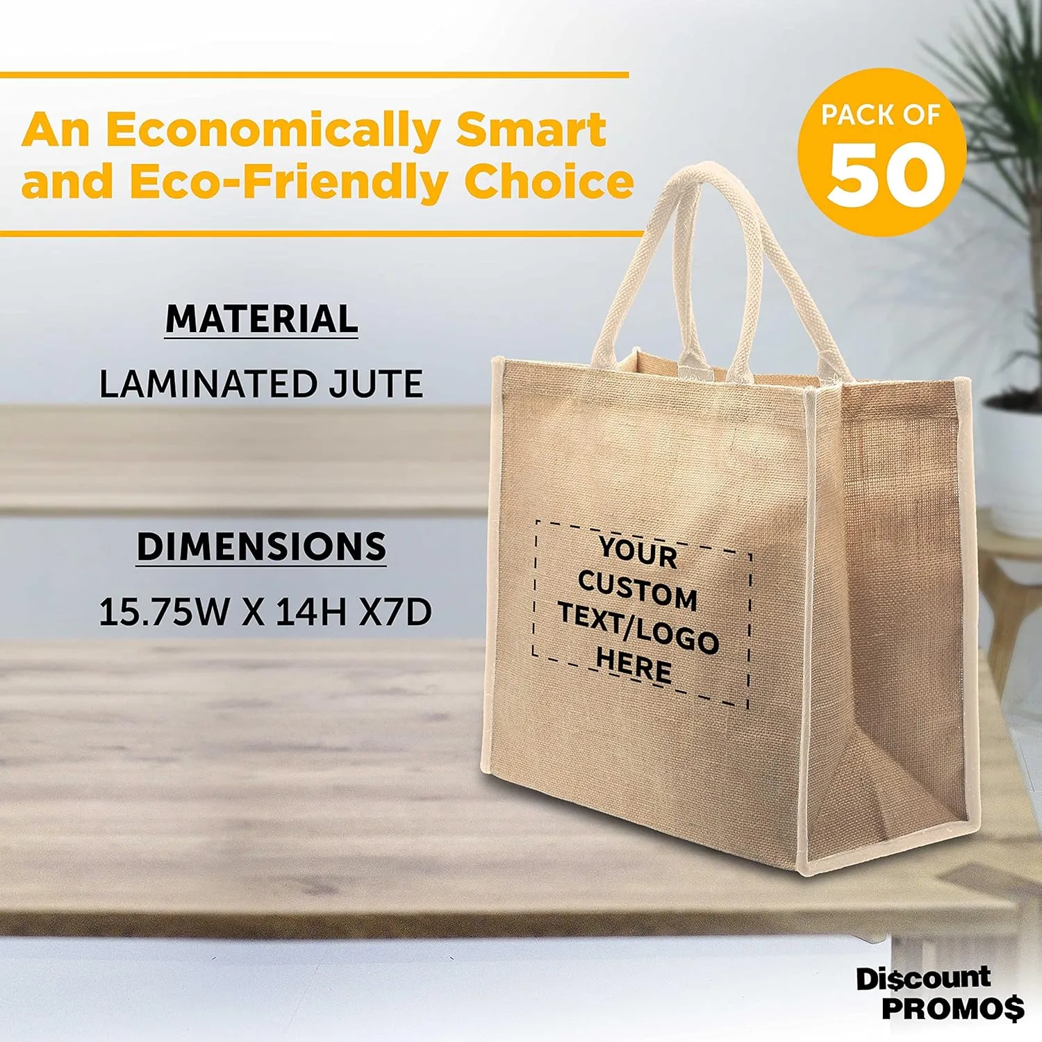DISCOUNT PROMOS Custom Fresno Eco Friendly Jute Tote Bags Set of 50, Personalized Bulk Pack - Reusable, Great for Tradeshows, Grocery, Shopping and Outdoor Events - Light Beige
