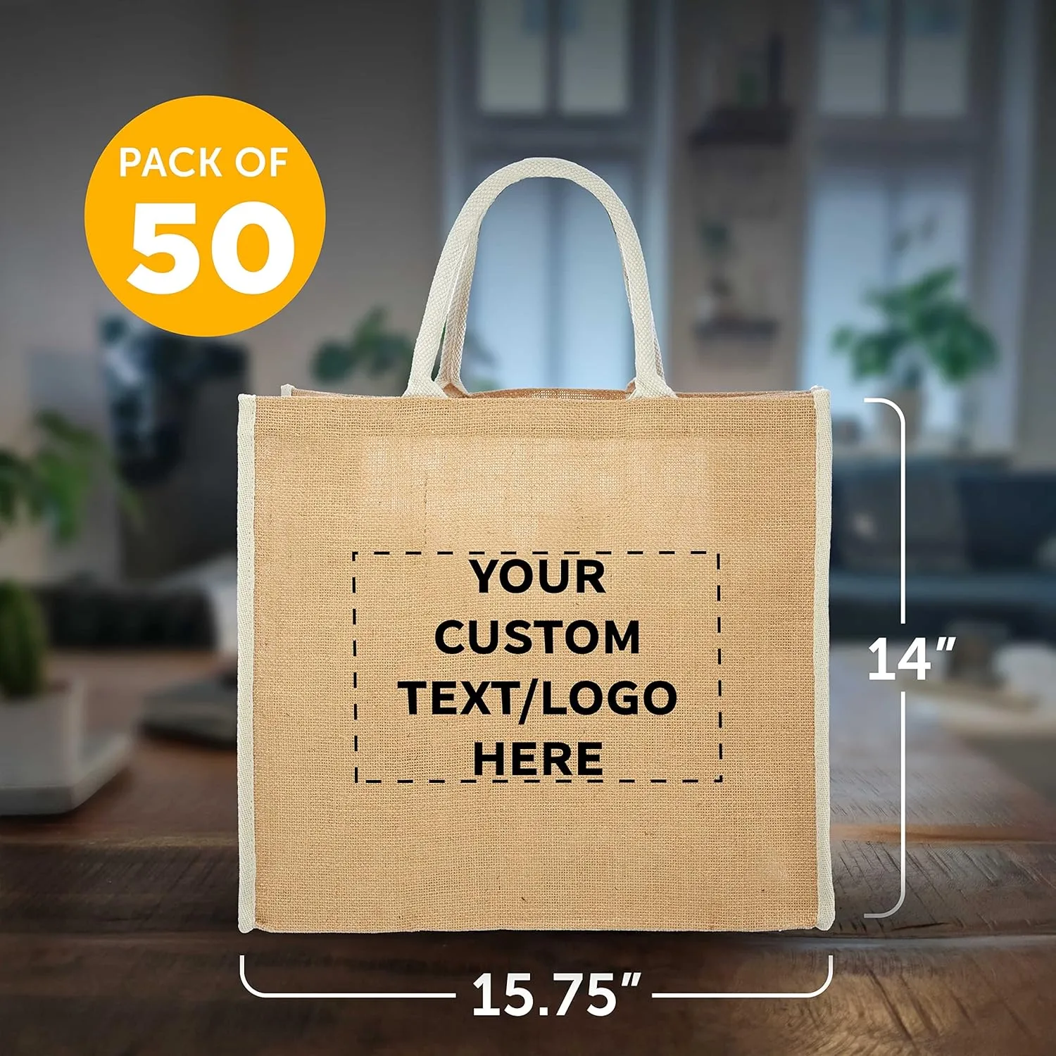 DISCOUNT PROMOS Custom Fresno Eco Friendly Jute Tote Bags Set of 50, Personalized Bulk Pack - Reusable, Great for Tradeshows, Grocery, Shopping and Outdoor Events - Light Beige