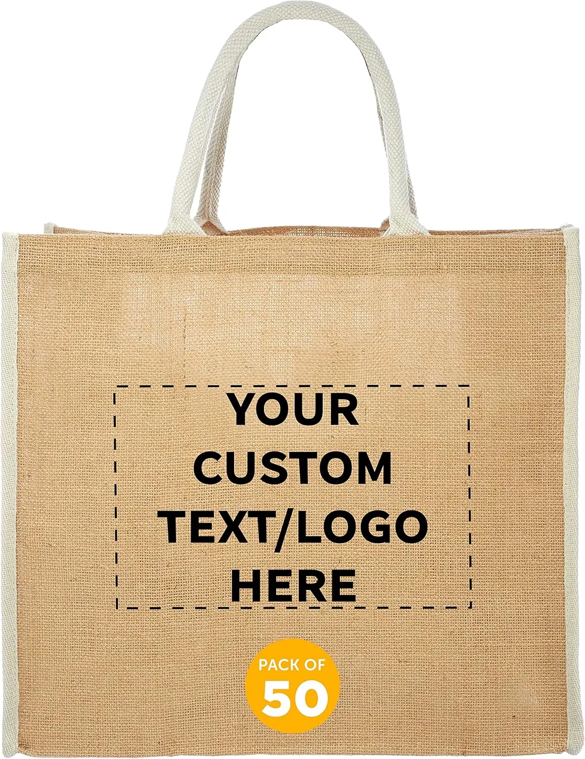 DISCOUNT PROMOS Custom Fresno Eco Friendly Jute Tote Bags Set of 50, Personalized Bulk Pack - Reusable, Great for Tradeshows, Grocery, Shopping and Outdoor Events - Light Beige