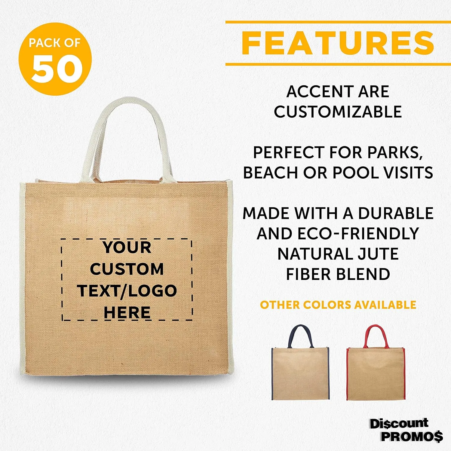 DISCOUNT PROMOS Custom Fresno Eco Friendly Jute Tote Bags Set of 50, Personalized Bulk Pack - Reusable, Great for Tradeshows, Grocery, Shopping and Outdoor Events - Light Beige