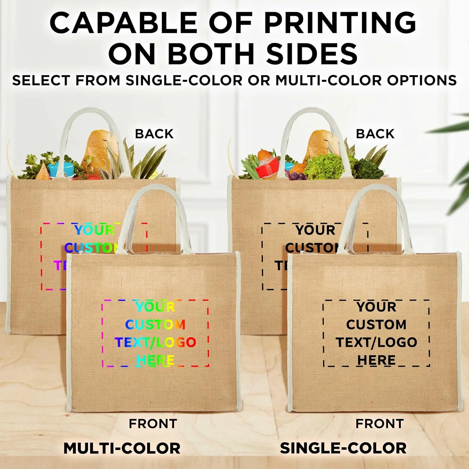 DISCOUNT PROMOS Custom Fresno Eco Friendly Jute Tote Bags Set of 50, Personalized Bulk Pack - Reusable, Great for Tradeshows, Grocery, Shopping and Outdoor Events - Light Beige