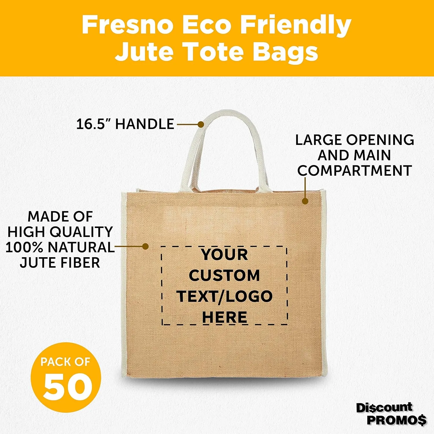 DISCOUNT PROMOS Custom Fresno Eco Friendly Jute Tote Bags Set of 50, Personalized Bulk Pack - Reusable, Great for Tradeshows, Grocery, Shopping and Outdoor Events - Light Beige
