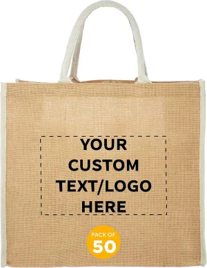 DISCOUNT PROMOS Custom Fresno Eco Friendly Jute Tote Bags Set of 50, Personalized Bulk Pack - Reusable, Great for Tradeshows, Grocery, Shopping and Outdoor Events - Light Beige