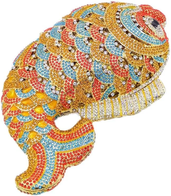 DJBM Women Glitter Crystal Fish Evening Bag Fashion Deluxe Clutch Purse with Removable Chain for Fancy Event
