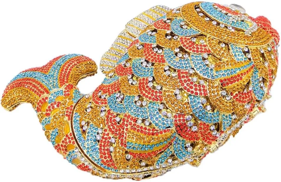 DJBM Women Glitter Crystal Fish Evening Bag Fashion Deluxe Clutch Purse with Removable Chain for Fancy Event