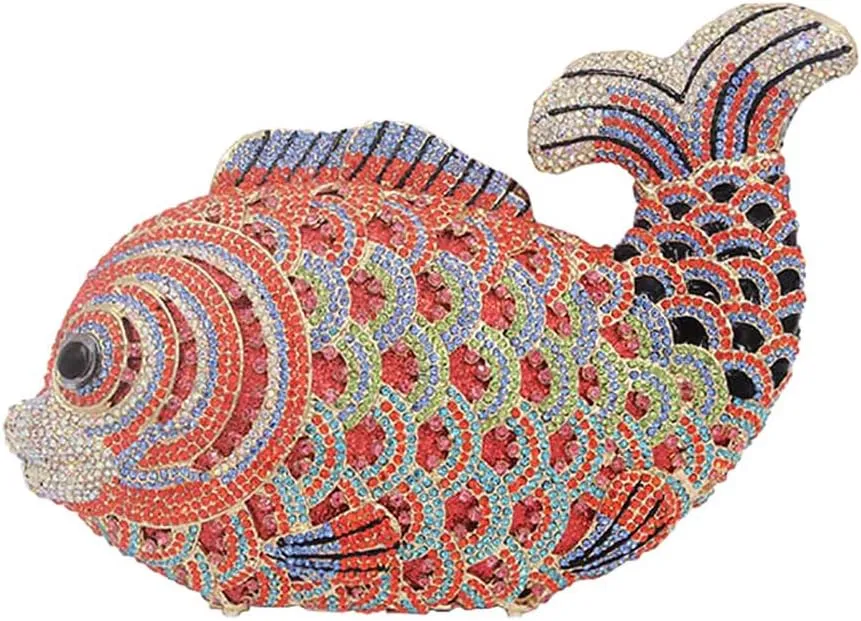 DJBM Women Glitter Crystal Fish Evening Bag Fashion Deluxe Clutch Purse with Removable Chain for Fancy Event