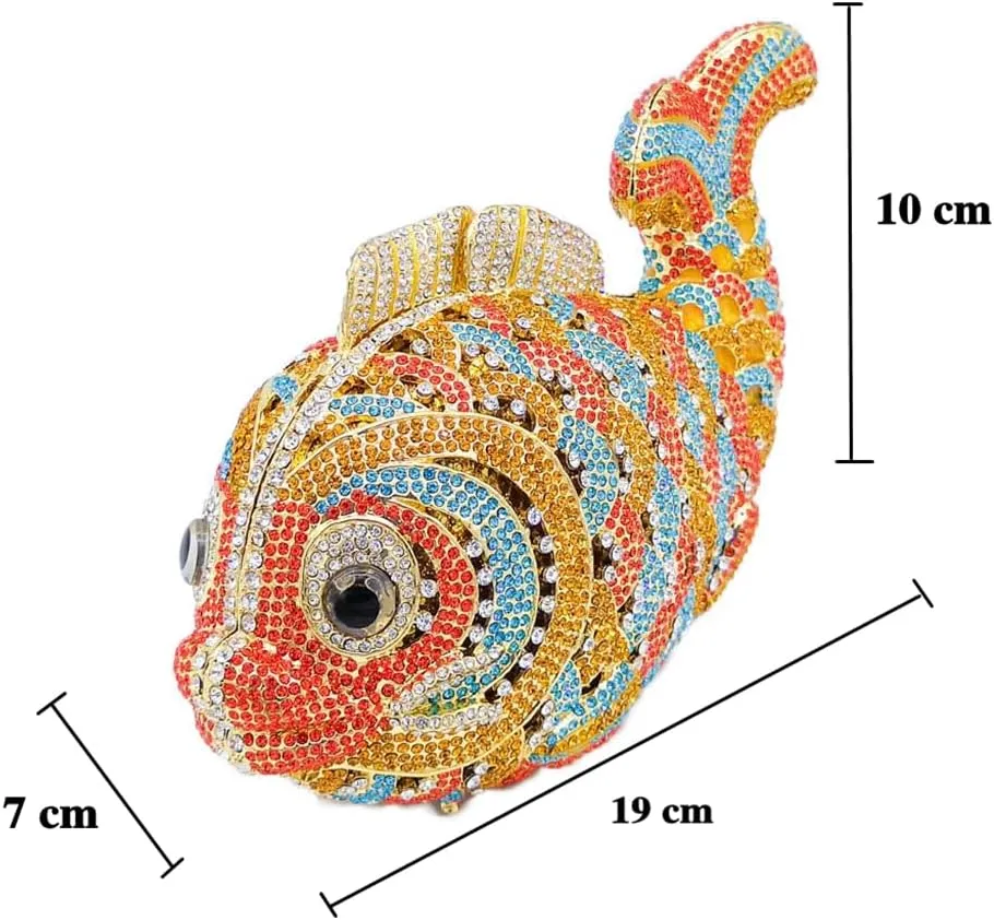 DJBM Women Glitter Crystal Fish Evening Bag Fashion Deluxe Clutch Purse with Removable Chain for Fancy Event