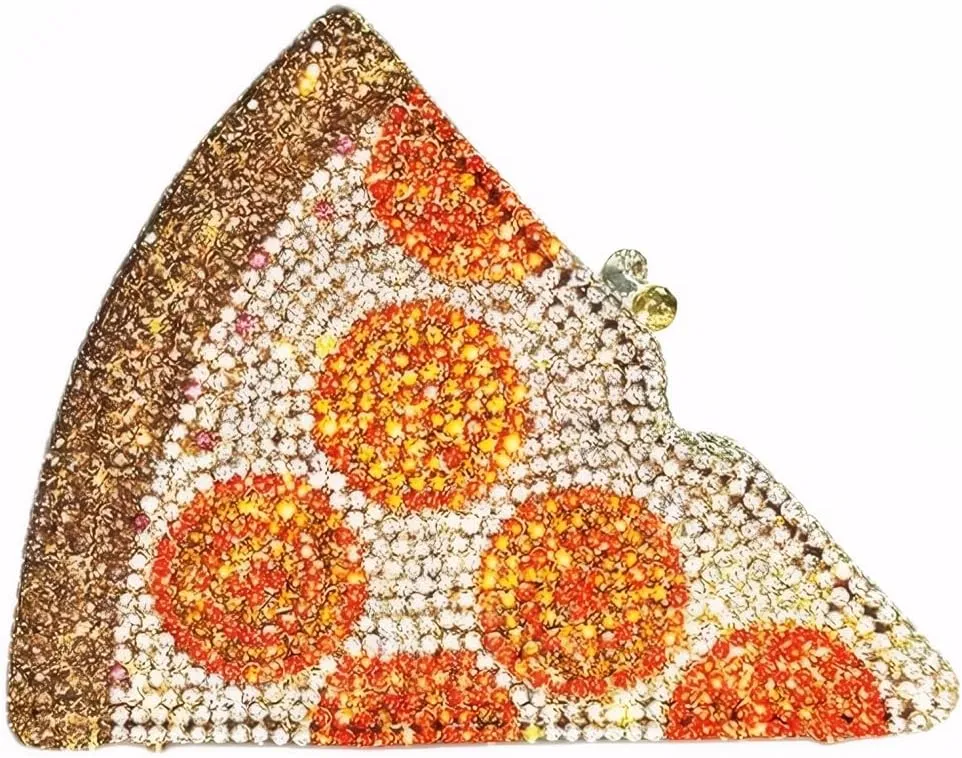 DJBM Women Gorgeous Pizza Evening Bag Sparkling Full Crystal Clutch Handbag with Chain for Wedding Cocktail