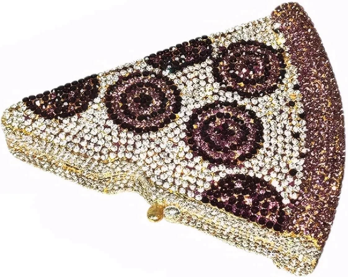 DJBM Women Gorgeous Pizza Evening Bag Sparkling Full Crystal Clutch Handbag with Chain for Wedding Cocktail