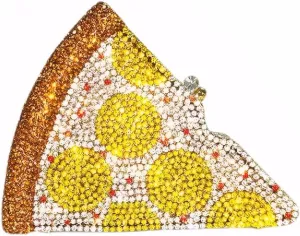 DJBM Women Gorgeous Pizza Evening Bag Sparkling Full Crystal Clutch Handbag with Chain for Wedding Cocktail