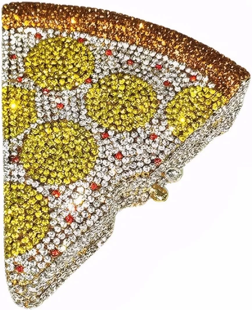 DJBM Women Gorgeous Pizza Evening Bag Sparkling Full Crystal Clutch Handbag with Chain for Wedding Cocktail
