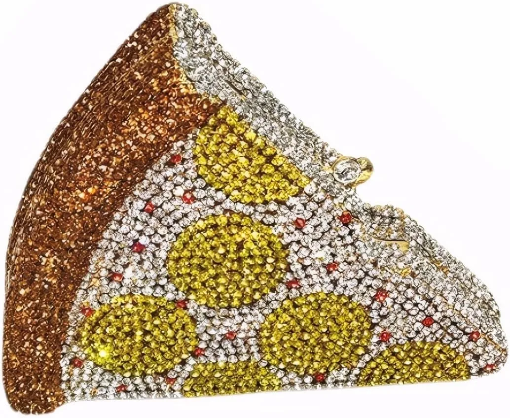 DJBM Women Gorgeous Pizza Evening Bag Sparkling Full Crystal Clutch Handbag with Chain for Wedding Cocktail