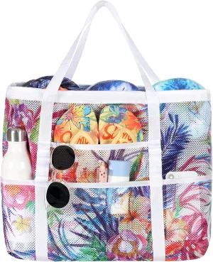 DOFOWORK Beach Bags for Women - Large beach bag, Mesh Beach Bag with 9 Pockets, Lightweight Tote Bag for Vacation