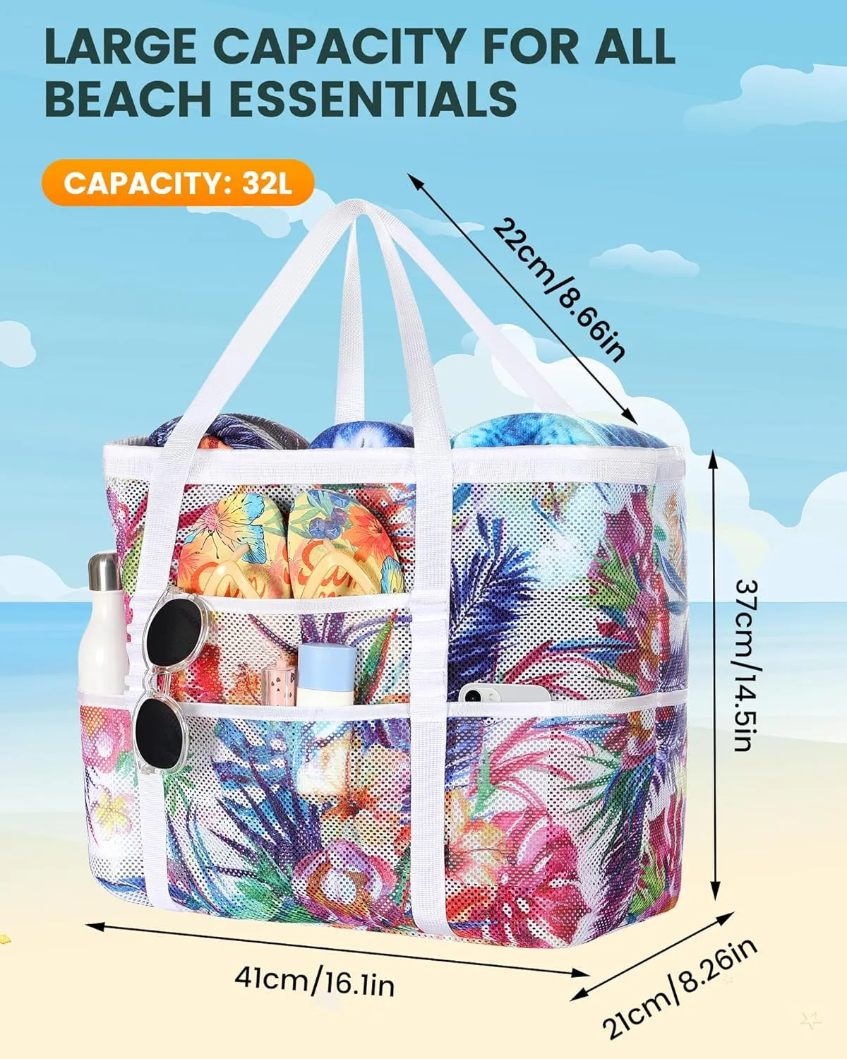 DOFOWORK Beach Bags for Women - Large beach bag, Mesh Beach Bag with 9 Pockets, Lightweight Tote Bag for Vacation