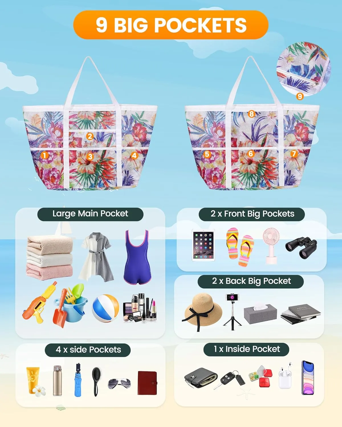 DOFOWORK Beach Bags for Women - Large beach bag, Mesh Beach Bag with 9 Pockets, Lightweight Tote Bag for Vacation